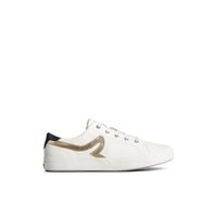 Main view of White Leather Smooth Sandy Leather Metallic Sneaker Vulcanized Tennis Sneaker for women. 