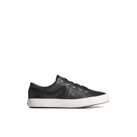 Main view of Black Sandy Leather Sneaker Vulcanized Tennis Sneaker for women. 