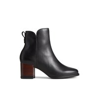 Main view of Black Seaport Heel Water Resistant Leather Boot Ankle Booties for women. 